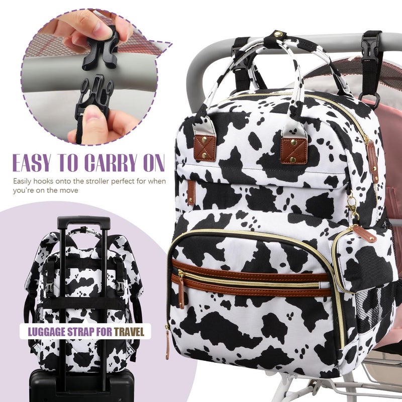 Tuwubi Diaper Bag Backpack, Baby Essentials Travel Tote Bag, Multi function Waterproof Backpacks, Travel Essentials with Stroller Straps & Pacifier Case - Cow Print - Image 5